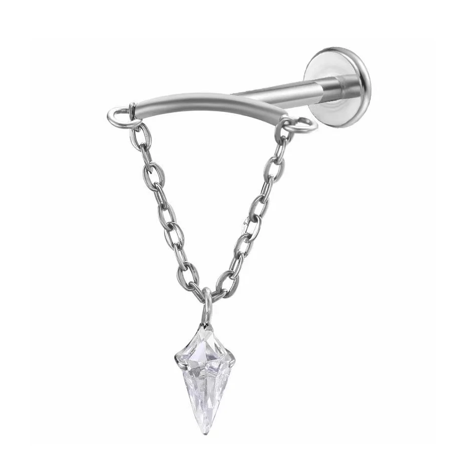 ASTM F136 Titanium Drop Pendant CZ Stud Earring with Dangle Chain Helix Cartilage Tragus Lip Flat Back Piercing 16G