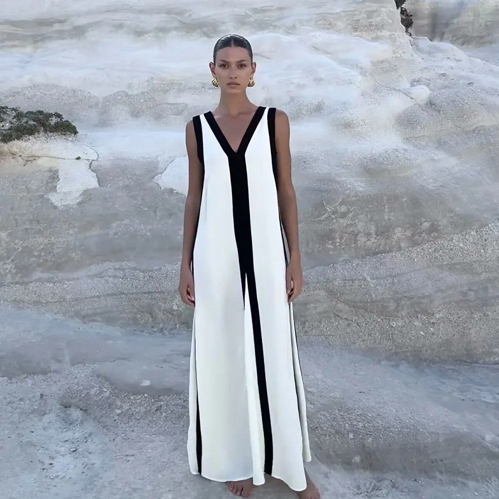 Fashion Colourblock Hollow Out Maxi Dress Women Casual V-neck