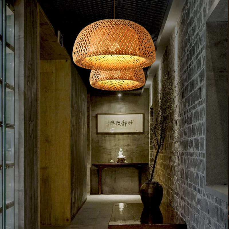 

Rustic Handcrafted Bamboo Pendant Lamp - Vintage Wood Base Chandelier with E27 Bulb for Restaurant,Café,Hotel,and Bedroom