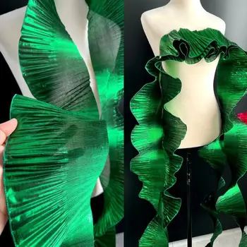 قماش دانتيل معدني لامع موجة كبيرة ، أورجانزا شبكية طيّة ، تصفيف ذاتي الصنع ، خياطة فستان مكشكش عصري ، علامة تجارية كبيرة مصممة ، ساحة واحدة