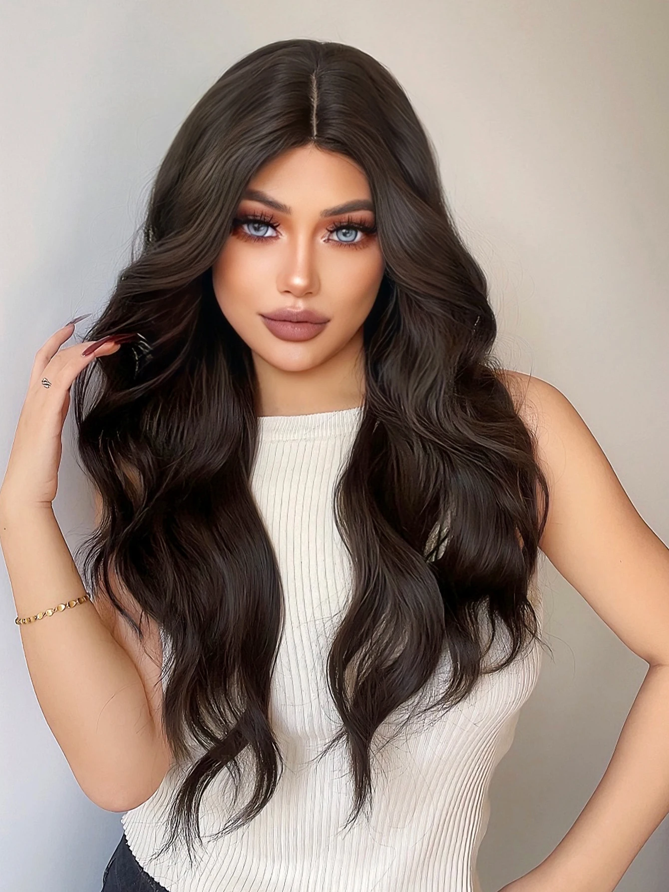 28Inch Black Brown Color Synthetic Wigs Middle Part Long Natural Curly Hair Wig For Women Daily Use Cosplay Heat Resistant