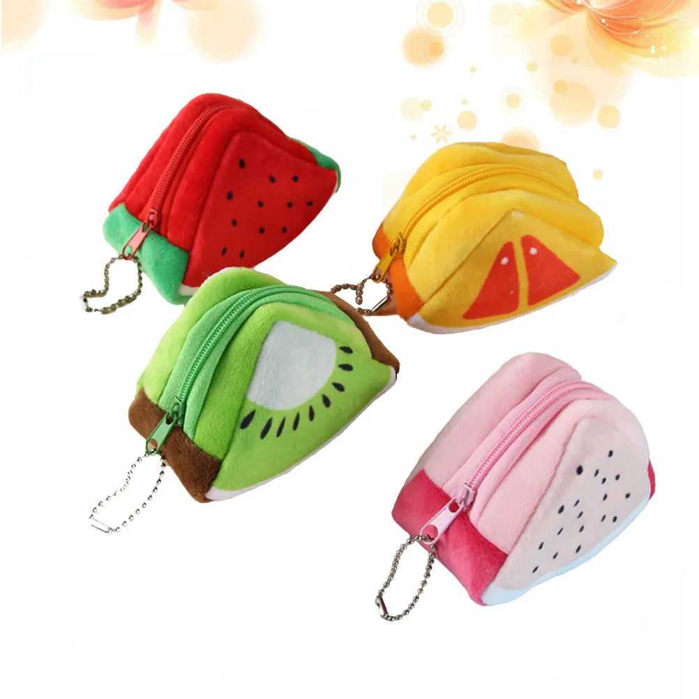 4Pcs 사랑스러운 과일 디자인 미니 동전 지갑 여성 소프트 터치 작은 지퍼가 달린 지갑 현금 카드 정리 USB 케이블 립스틱 키
