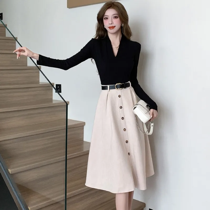 

Женский офисный костюм в стиле ретро, трикотажная футболка с длинным рукавом и V-образным вырезом и юбка-трапеция с высокой талией, элегантный комплект из двух предметов, весна 2019