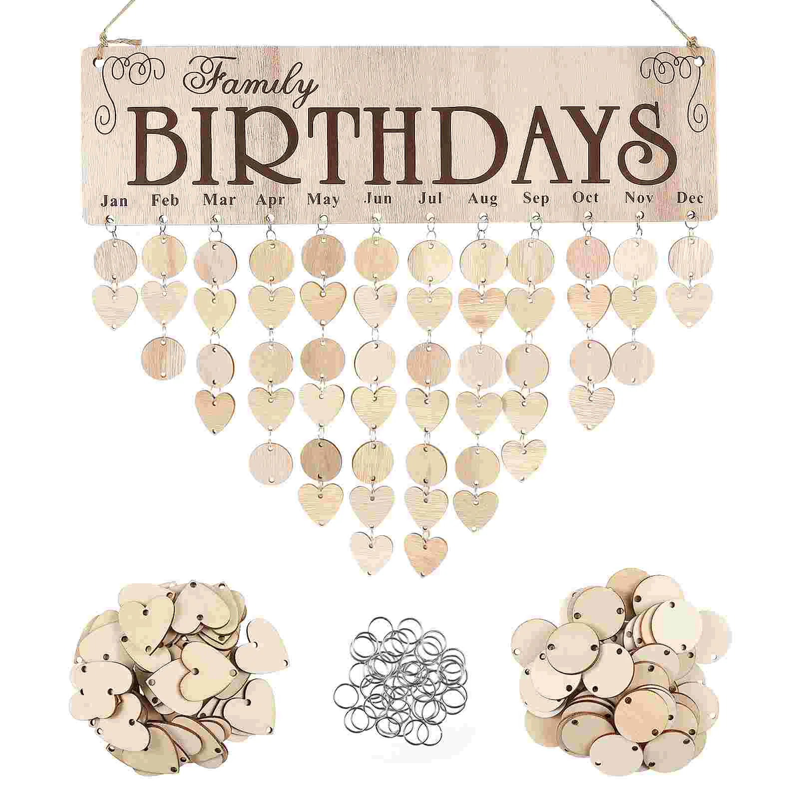 Wooden Birthday Planner Board Heart Round Discs 50 Pcs for DIY Hanging Calendar Reminder Wall Decor Festive Supplies