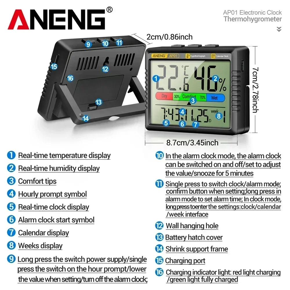 Digital LCD Thermometer Hygrometer ANENG AP01 Indoor Room Temperature Humidity Meter Rechargeable Sensor Gauge Test Tool