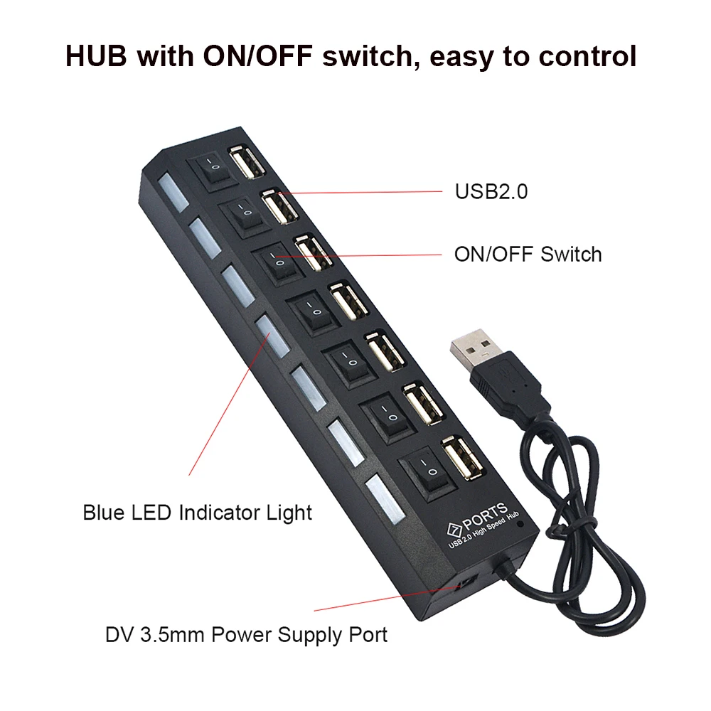 Hub Usb 2.0 Hub Splitter Multi Usb Usa Adattatore Di Alimentazione 4/7 Porte Hub Usb 2.0 Espansore Multiplo Con Interruttore Separato On/Off Per Pc