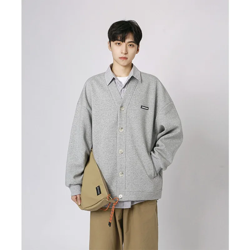 

American Solid Color Cardigan Sweatshirts for Men Autumn Ins Loose All-match Button V Neck Couple Sweatshirt Casual Jacket