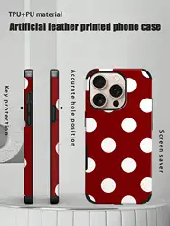 Black and White Polka Dot Ultrafiber Leather Flexible Phone Case - Shockproof & Scratch - Resistant - iPhone 15 Plus (Red)