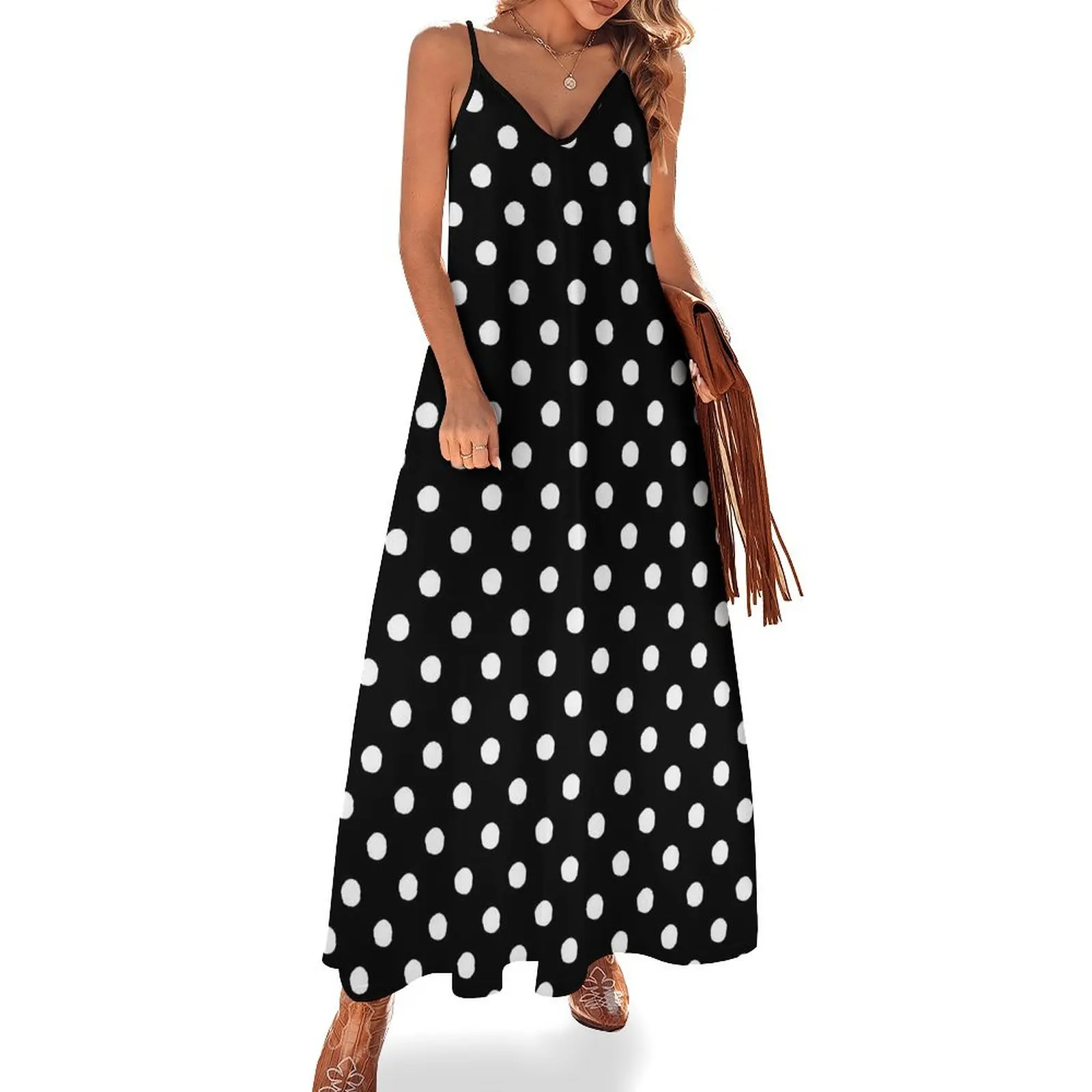 

Black White Polka Dots Dress Retro Print Streetwear V Neck Bohemia Long Dresses Ladies Design Kawaii Maxi Dress Big Size