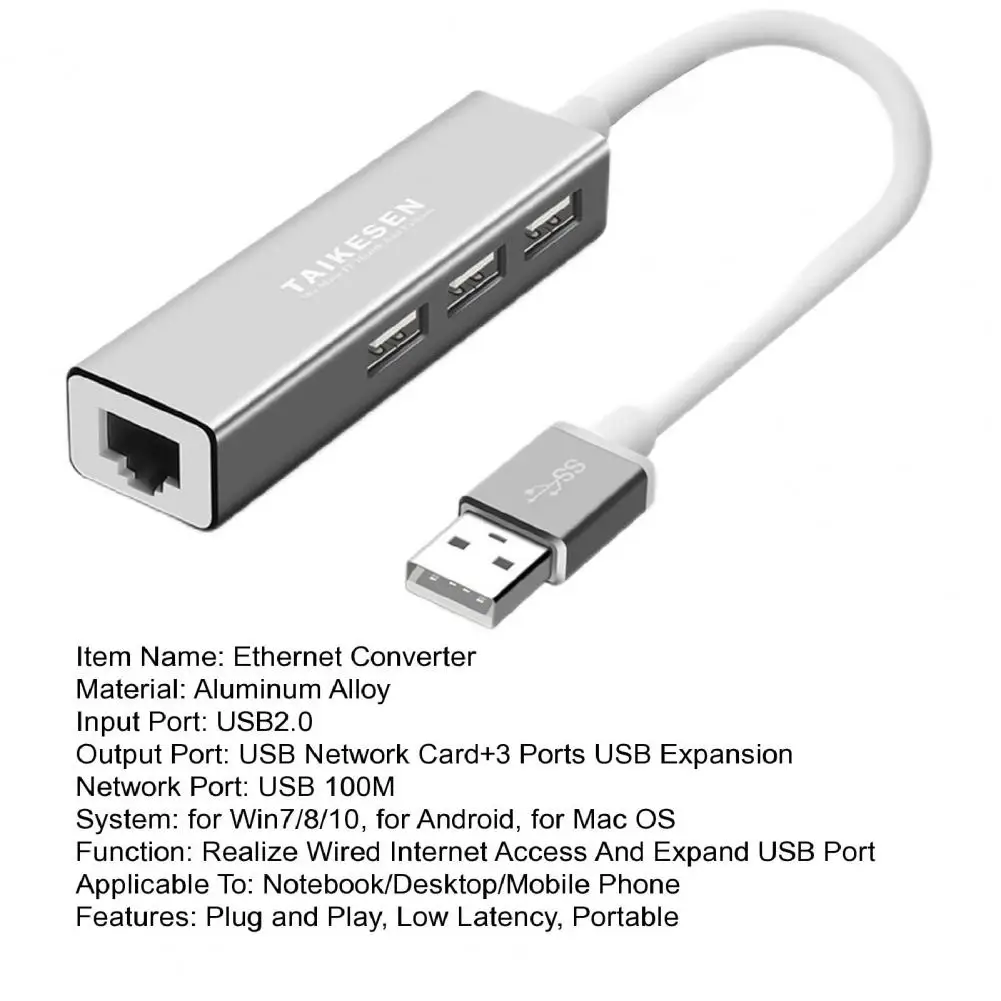 Ethernet Converter Multi-ports 3 USB2.0 100M Aluminum Alloy USB