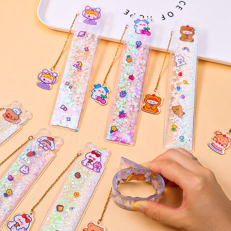 

Oil Quicksand Bookmark Ruler Cute Girl Ruler Learning Pendant Multifunctional Student Stationery kawaii Book Marks Ruler 15cm