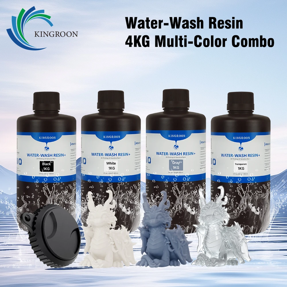 KINGROON 4KG 8KG Water Washable 3D Printer Resin Combo, Black/White/Grey/Transparent, High Toughness Low Odor forLCD 3D Printing