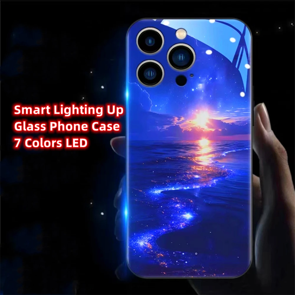 

Sunrise Moon Sea Smart LED Light Glow Tempered Glass Phone Case For iPhone 15 14 13 12 11 Pro Max XR XS Plus 6 7 8 SE2020