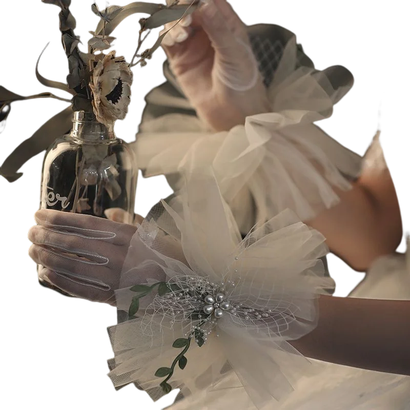 

Vintage 1920s Tulle Full Finger Pearls Short Mittens Formal Bridal Banquet Party Wedding Opera Elegant Gloves for Women