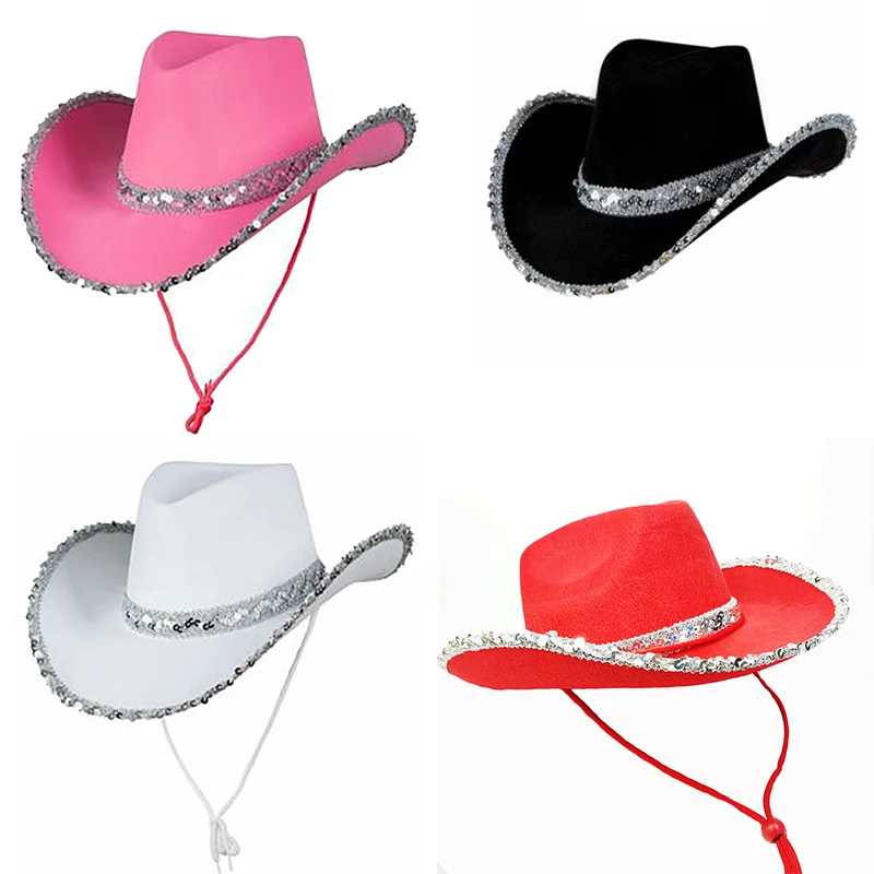 Cowboy Hat Men Sequin Silver Edge Birthday Party Hats Cowgirl Women