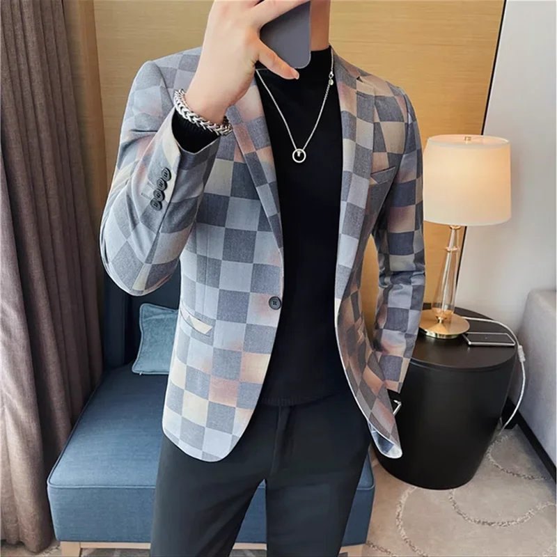 British Style Luxury Plaid Suit Jacket Spring New Men High-end Business Slim Blazers Groom Wedding Social Party Dress Coats