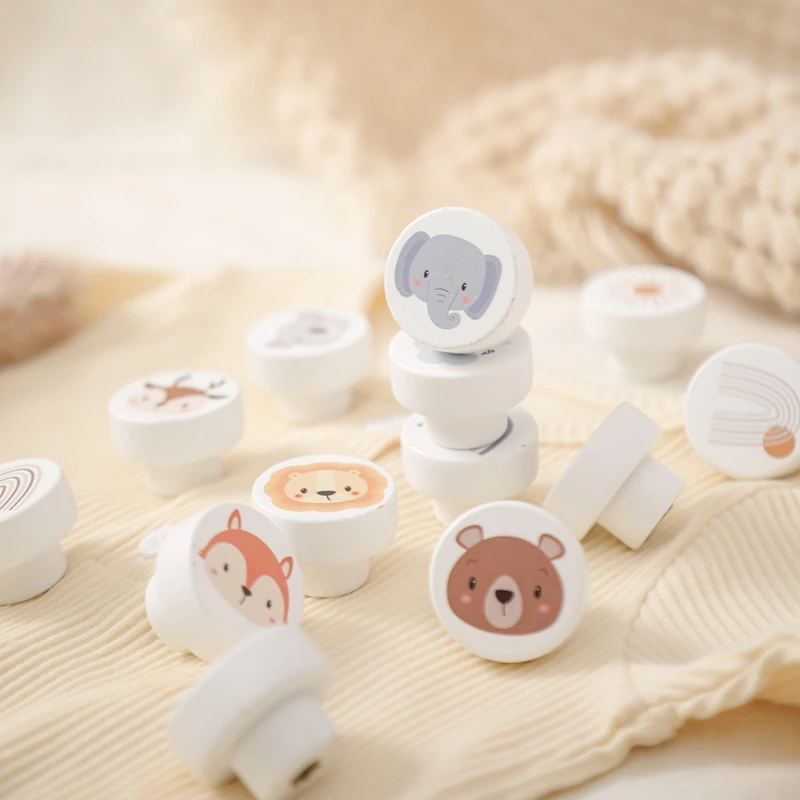 Wooden Round Drawer Knob Cartoon Animal Rainbow Cloud Dresser KnobBaby Cupboard Furniture Drawer Pulls Handles with Screws