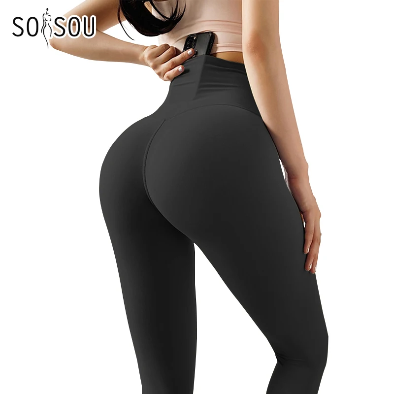 SOISOU Nylon Tights Yoga Women's Pants Leggings Gym Fitness No T Line High Waist Hidden Pocket Solid Color Sports Pants 42 Color