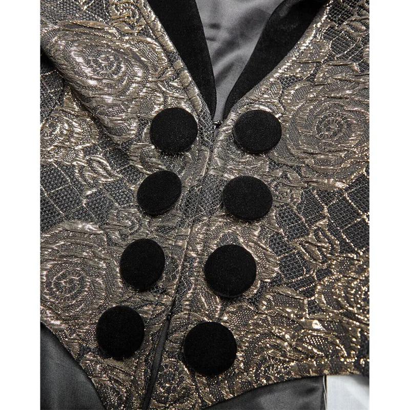 Fashion Gothic Steampunk Tailcoat Jacket for Men Black Jacquard Satin Wedding Brocade Coat