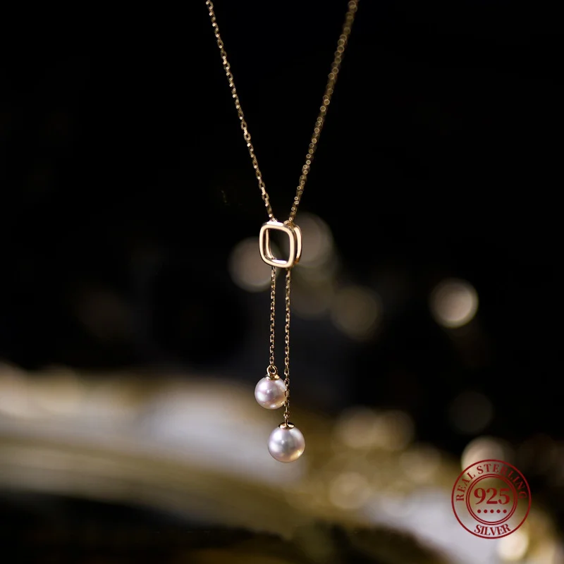 

Japanese S925 Sterling Silver Double Pearl Necklace Y-shaped Long Tassel Premium Light Fashion Sweater Chain