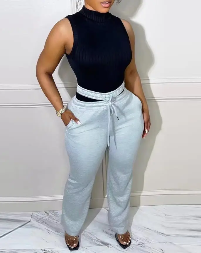 Women 2022 Fashion Summer Casual Cutout Waist Pocket Detail Drawstring