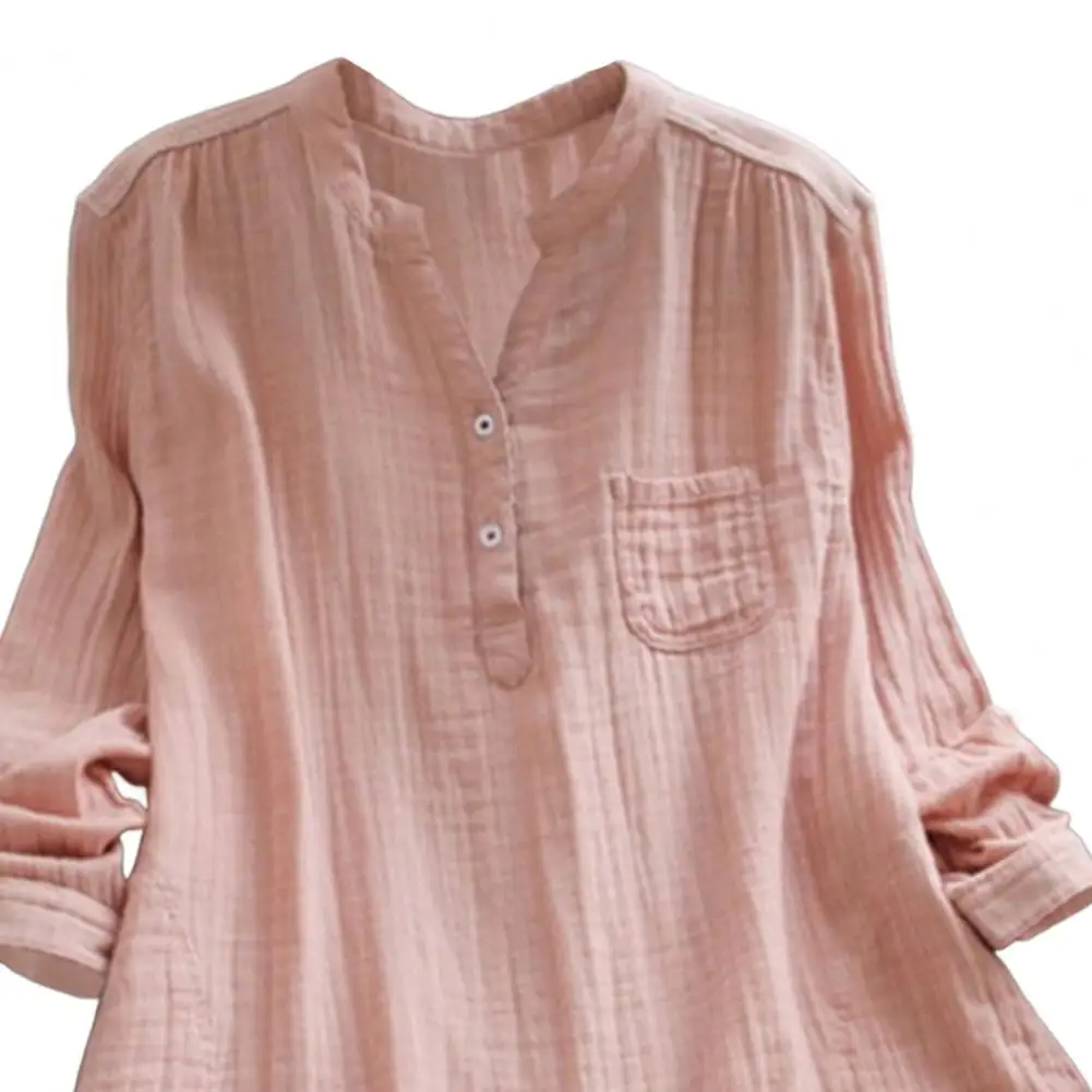 Linen V-Neck Long-Sleeved Openwork Loose Shirt