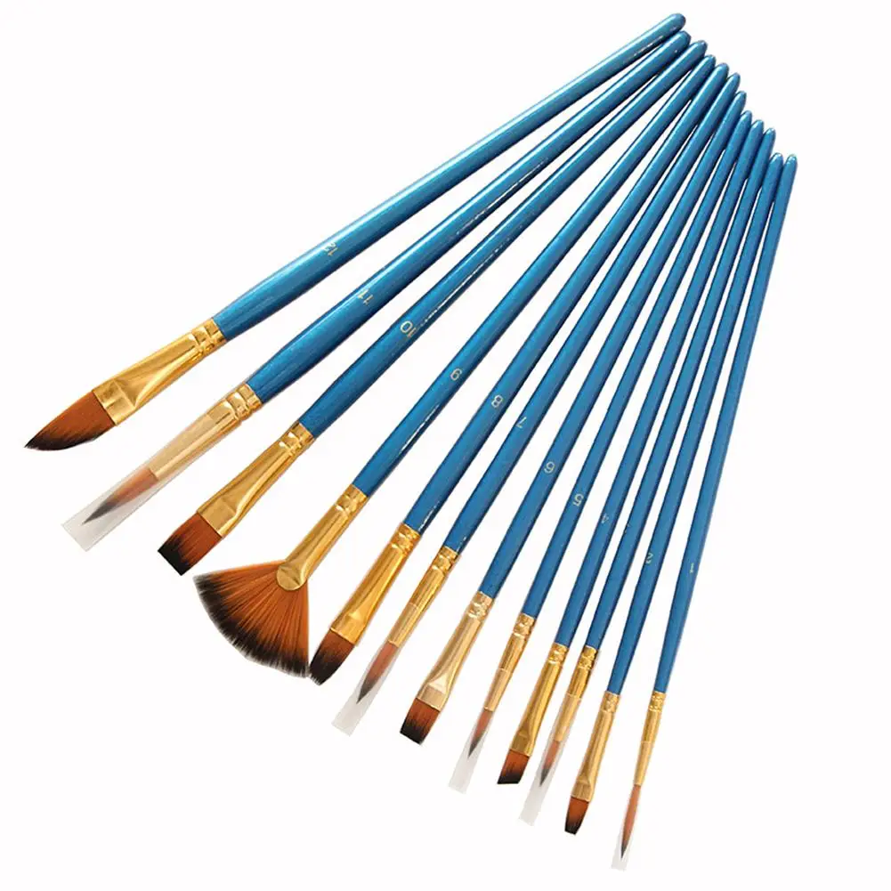 12 Pcs Nylon Hair Wooden Handle Watercolor Paint Brush Pen Set Diy Oil