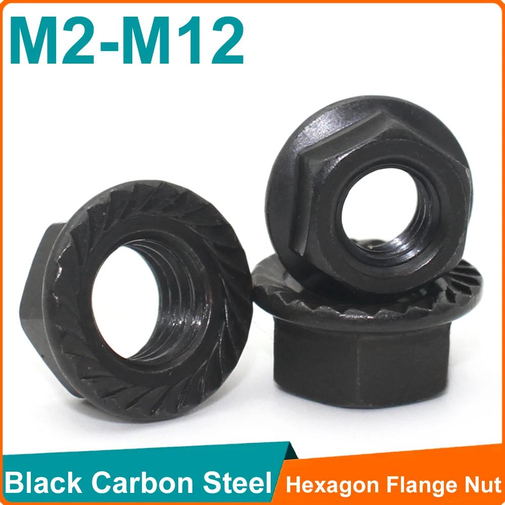 5/10/25/50pcs เหล็กคาร์บอนสีดํา M3 M4 M5 M6 M8 M10 M12 Hex Head Serrated Spinlock หน้าแปลน Lock Nut 1