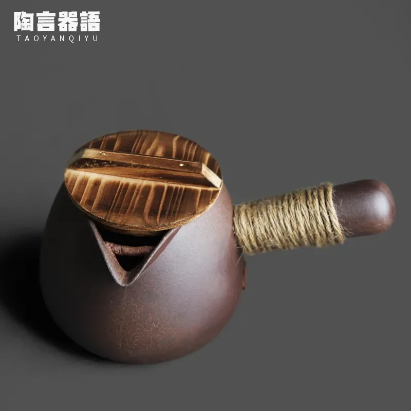 

Rock and soil drum-shaped side handle boiling water teapot with wooden lid electromagnetic stove open fire coffee flower teapot