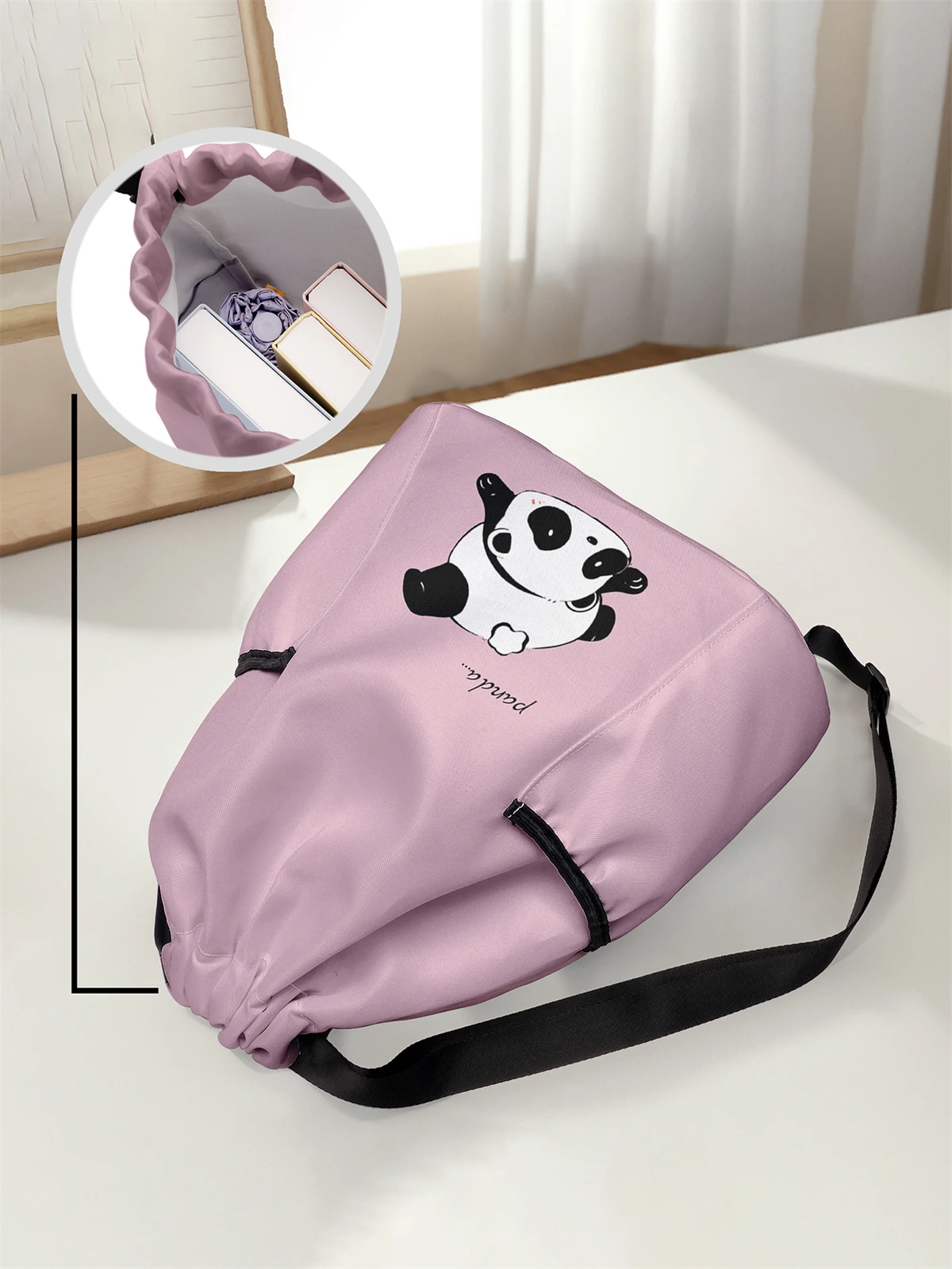Panda Pattern Drawstring Backpack - Large Capacity Durable Fitness Bag, Adjustable Shoulder Strap, Sports Beach Backpack