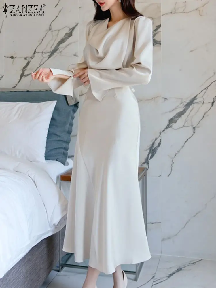 

ZANZEA Women Long Sleeve Waisted Vestido Vintage Cowl Neck Long Dress Office Lady Autumn Wrap Hips Robe Casual 2023 Maxi Dresses