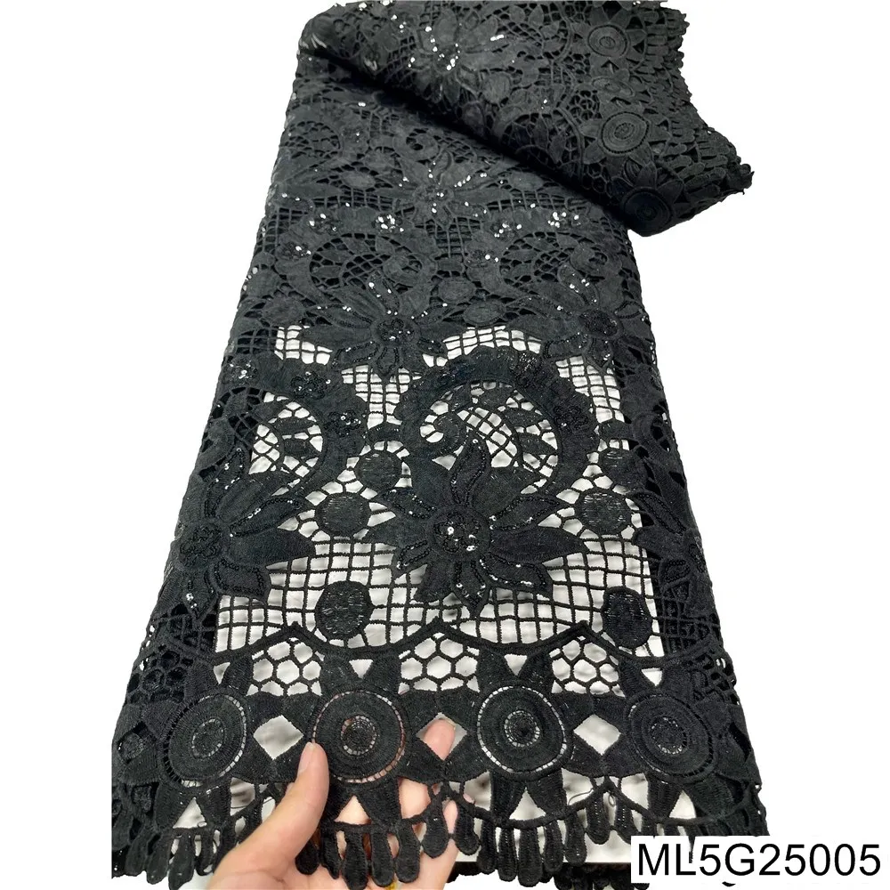 

Black African Guipure Lace Fabric Embroidery Nigerian Guipure Cord Lace Fabric With Sequin For Party Dress ML5G250