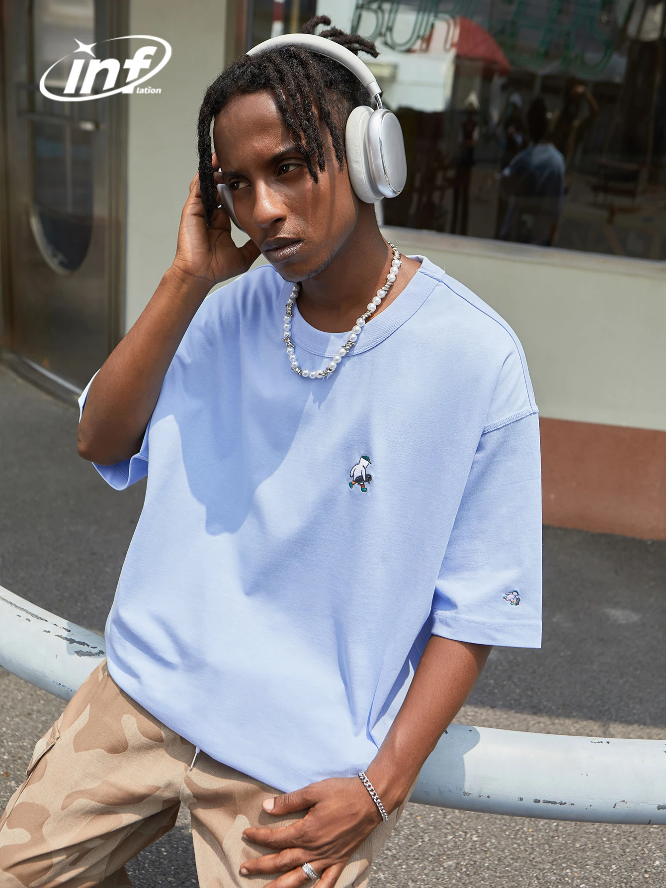 

INFLATION Harajuku Embroidery T-shirts Unisex Summer Oversized Drop Shoulder Cotton Tees
