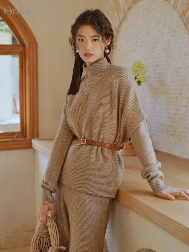 

ARTKA 2022 A/W New Suit Elegant O-Neck Knitted Sweater Three Piece Set Turtleneck Knitted Vest Wide leg Mopping Pants TB92021Q