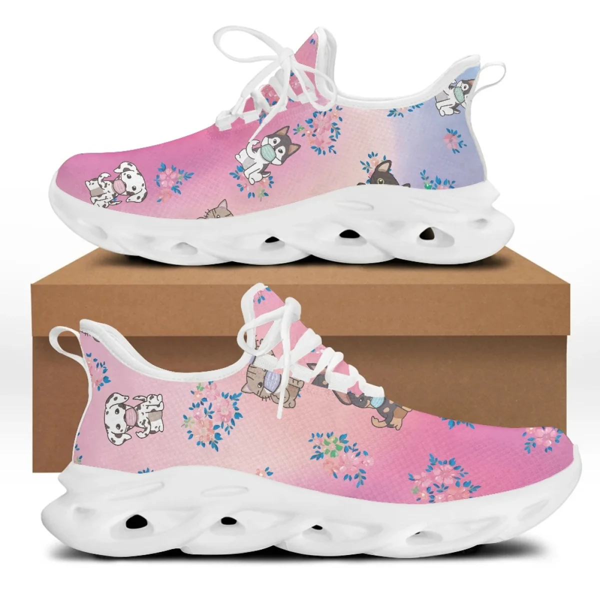 Yikeluo  Cartoon Cat Dog Pattern Print Women Mesh Swing Sneakers Breathable Lace up Platform Shoes Nursing Casaul Sport Shoes