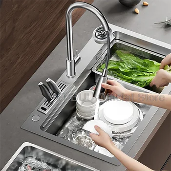 ขนาดใหญ่ความจุ 304 อ่างล้างจานสแตนเลสมัลติฟังก์ชั่ชามเดียวผัก Workstation ล้าง/ตัด/ท่อระบายน้ําในหนึ่งชุดเต็ม 1