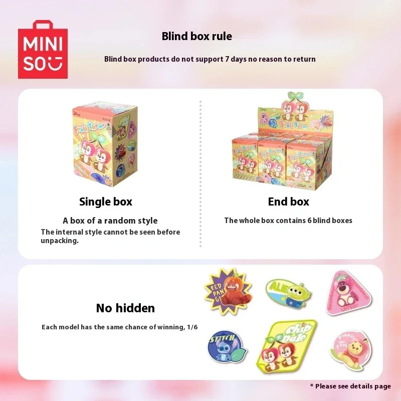 MINISO 디즈니 과일 테마 시리즈 블라인드 박스 스티치 딸기 곰 곰돌이 곰돌이 귀여운 트렌디 장난감, 랜덤 어린이 생일 선물