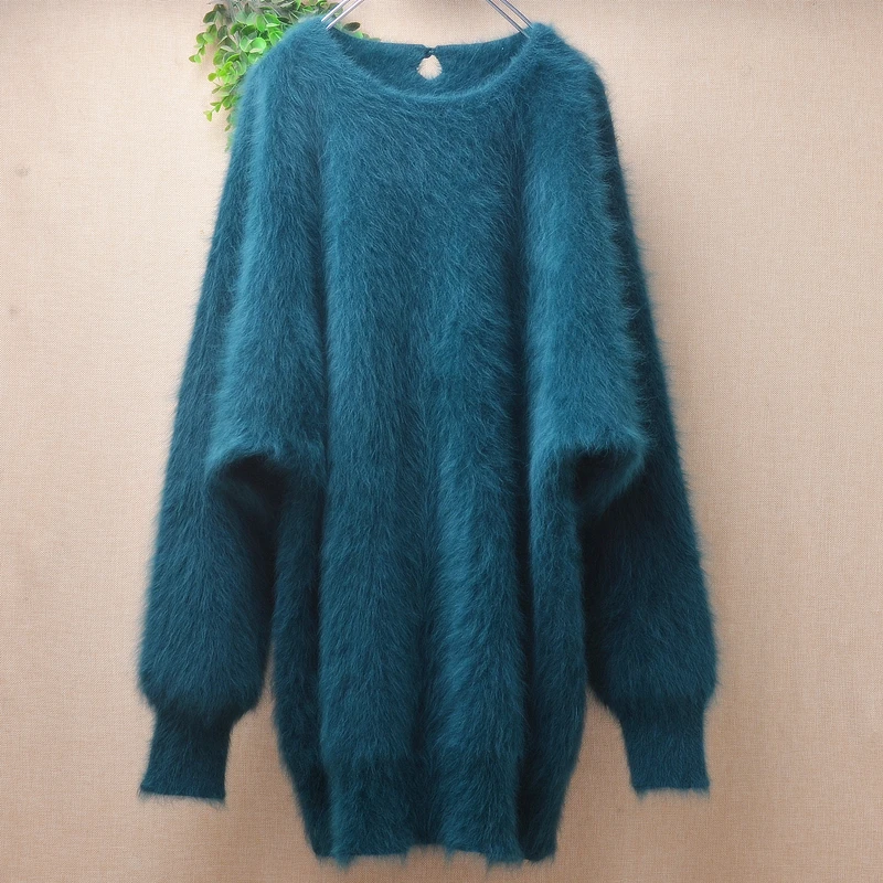 

Ladies Women Fall Winter Clothing Green Hairy Mink Cashmere Knitted Long Batwing Sleeves O-Neck Loose Pullover Jumper Sweater