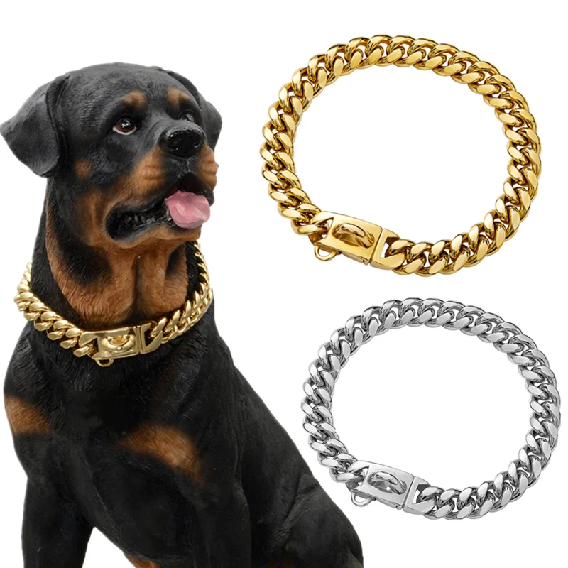 

14mm Pet Dog Collar Stainless Steel Cuban Chain Dog Chain Dog Collar Lock Gold Silver Dog Chain French Bulldog Pitbull Collar