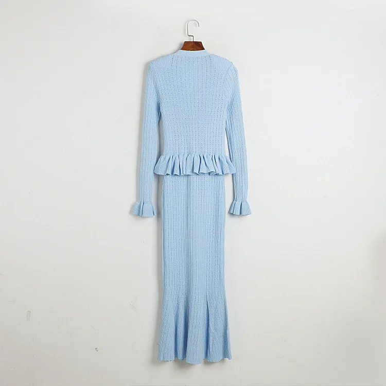 Autumn Knit 2 Piece-Set Long Skirt For Women V-Neck Ruffled Ribbed Elegant Party Looks Outfits Female Knitwear Slim Sets