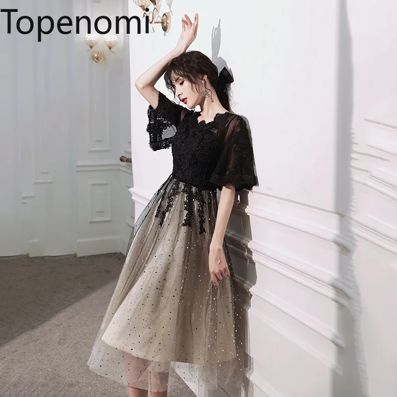 

Topenomi Woman Party Dress 2024 Summer Lace Patchwork Mesh Sequins Slim Evening Gown French Temperament Quinceanera Prom Dresses