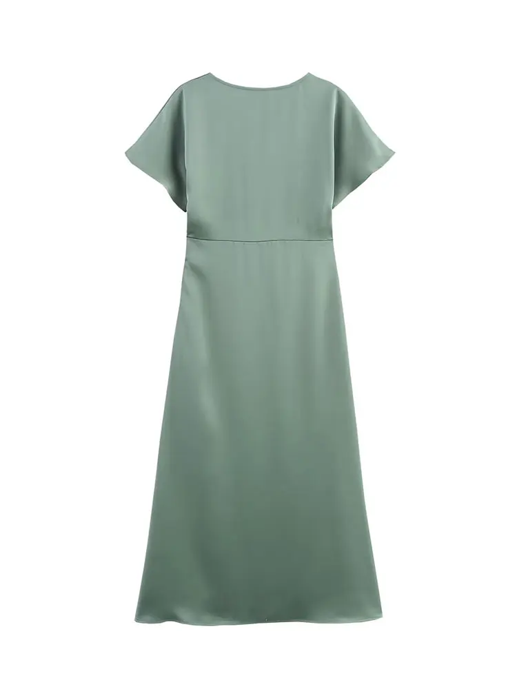 HH Women Elegant Solid Satin Dress Sexy V Neck Short Sleeve Midi Dress 2025 New Fashion Summer Lady Holidays Party Dress