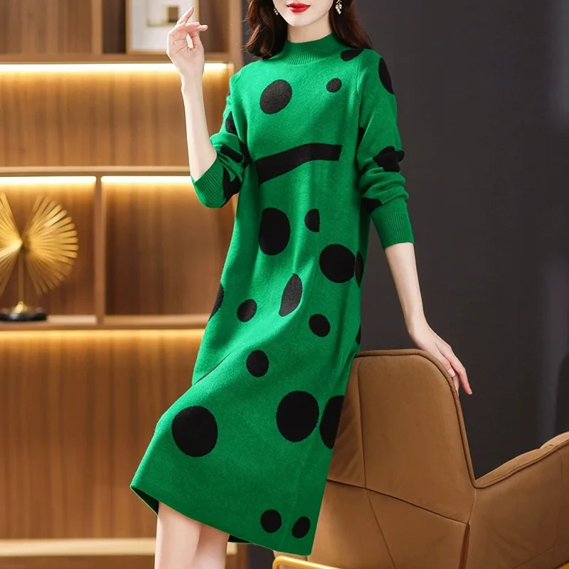 

2023 New Fashion Knitted Dress Women's Autumn/Winter Vintage Versatile High Collar Long Sleeve Loose Fit Vacation Vestidos