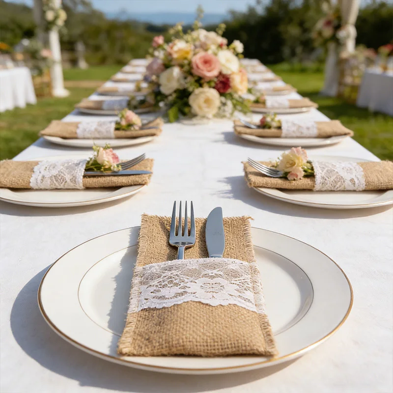 10/20/30 Stück Besteckhalter aus Sackleinen und Spitze, rustikale Jute-Bestecktaschen für Hochzeit, Geburtstag, Party, Bauernhaus, Esstisch-Dekoration – Detail 18