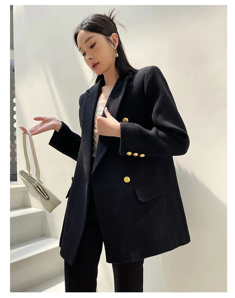93.5% Wool Coat Women Fashion Double Breasted Tweed Loose Long Black Blazer Coat Jacket Flap Pocket Female Outerwear Chic