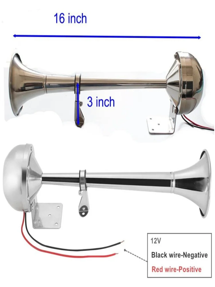 12V/24V Polished Stainless Steel Single Trumpet Horn Low Tone For Marine Boat Truck Lorry Caravan RV