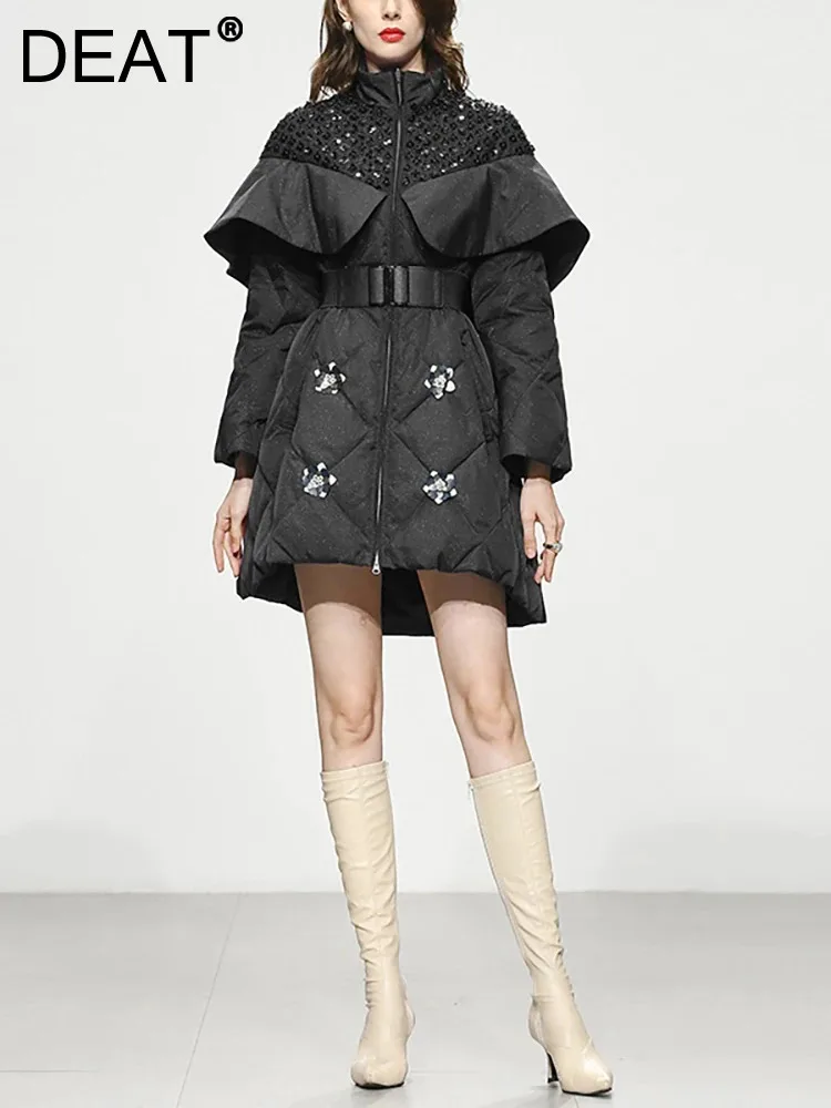 

DEAT Women Fashion Dress High Collar Long Sleeve Patchwork Belt Waist Keep Warm Cotton Clothes Dresses Winter 2024 New 13DB4271