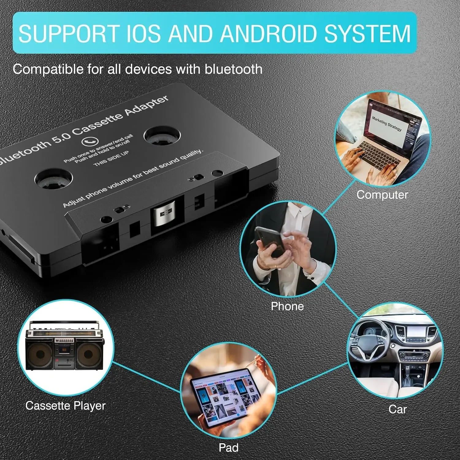 Car Cassette Audio Aux Adapter Bluetooth 5.0 Cassette for Listening to Mobile Music and Car Voice Hands-Free Calling