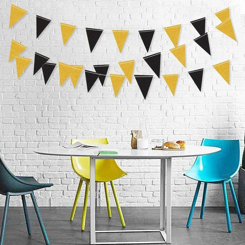 Birthday Wedding Graduation Party Black Gold Triangle Flag Party Background Banner Decoration party decorations birthday banner paper birthday banner triangular flags jute triangular banner