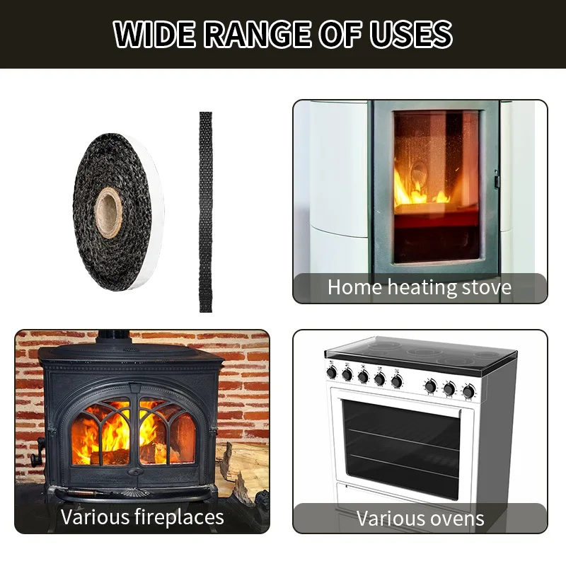 Wood Burning Stove Seal Black Flat Stove Rope Self-Adhesive Fiberglass Fireplace Door Sealing Strip 10/15mm Width 2m Length